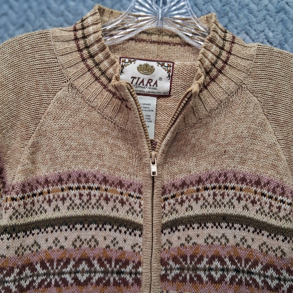 Y2K Tiara Fair Isle Zip Up Cardigan Sweater Tan Pink Ramie Cotton Size Large